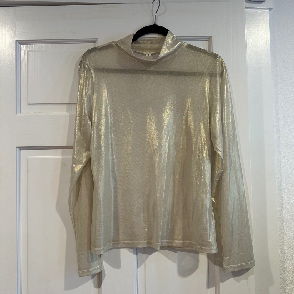 NWOT Anthropologie Champagne Gold Shimmery Sheer Turtleneck Top Size L